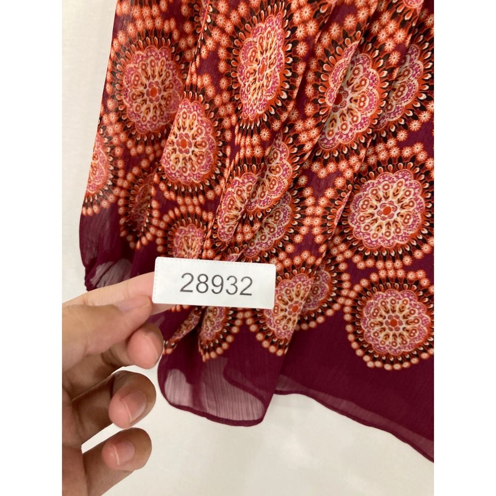Rose & Olive Peasant Blouse XL Burgundy Boho Medallion Tassel Tie Chiffon Top - Picture 8 of 8